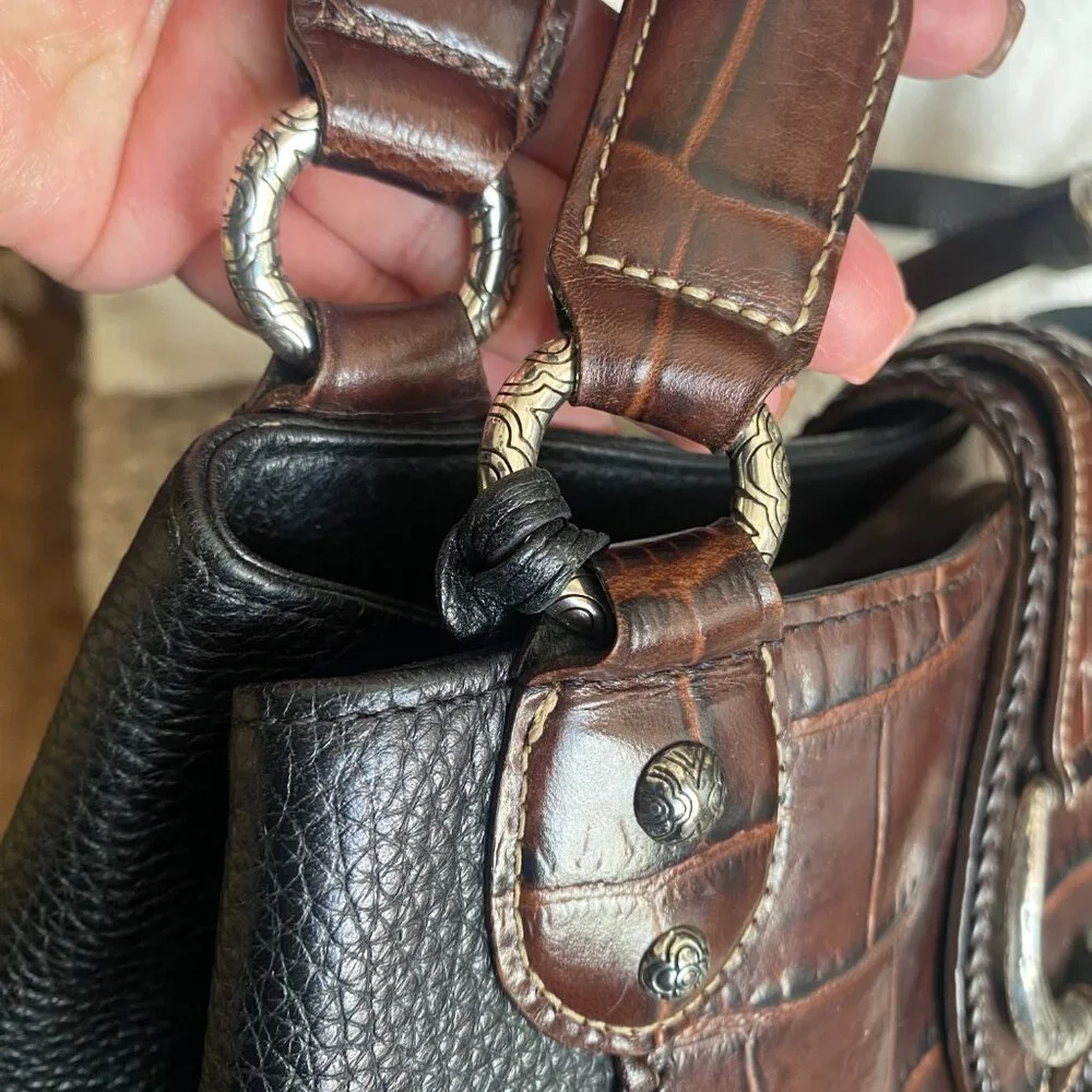 Brighton Croc Embossed Leather Tote Brown & Black Braided Detail - Picture 6 of 16